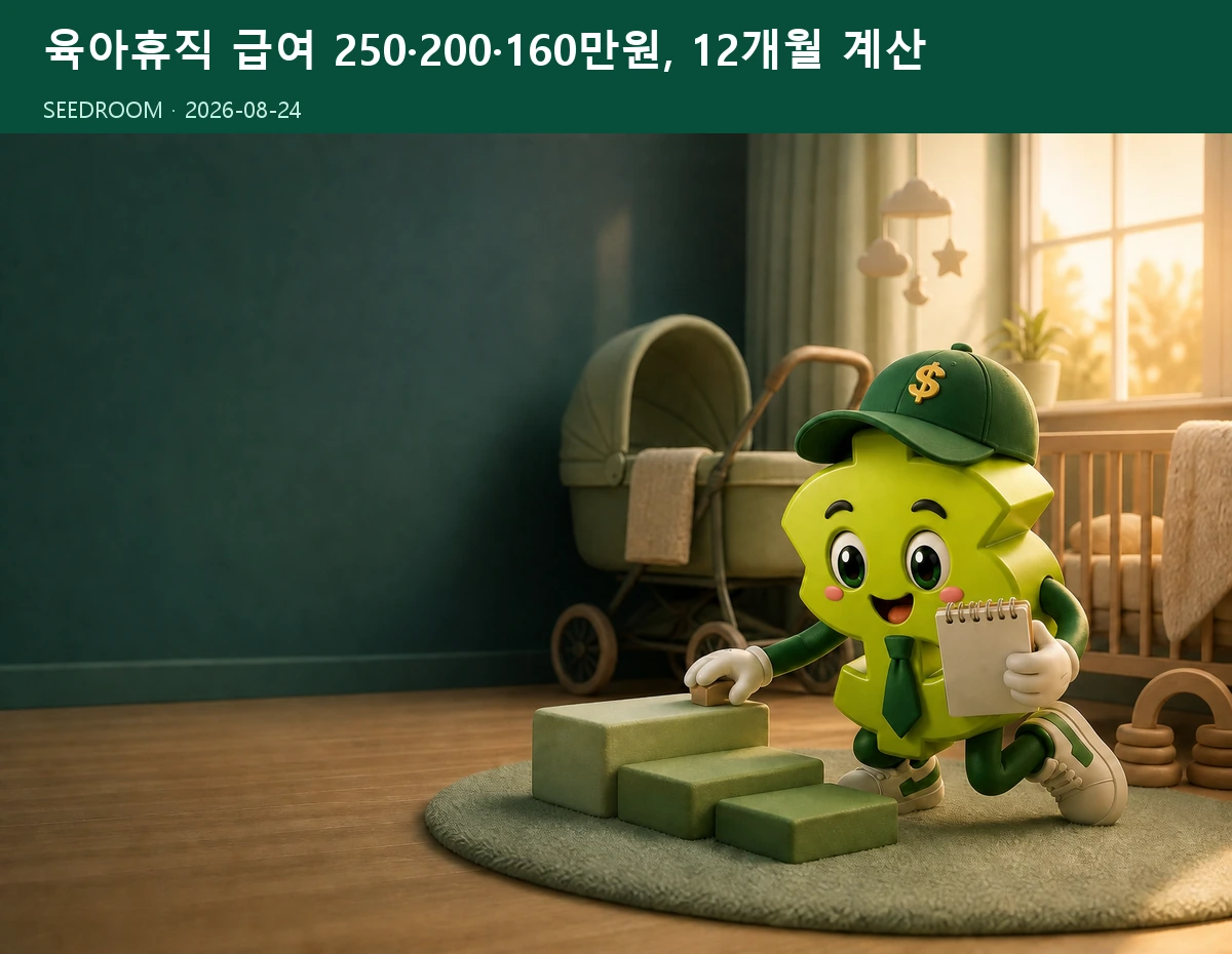 달러 모양 SEEDROOM 캐릭터가 육아휴직 급여의 단계별 금액을 확인하는 장면