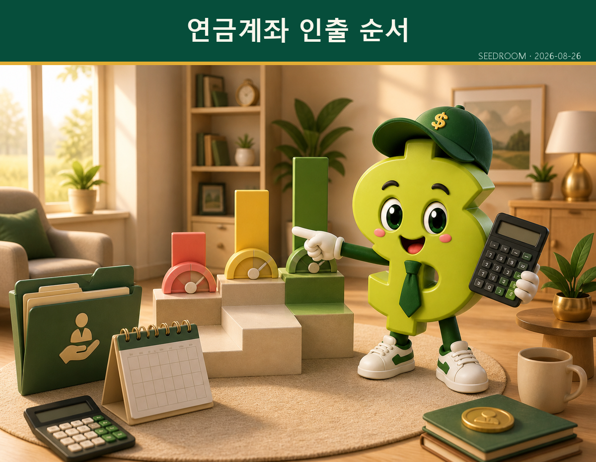 세 갈래 연금계좌 자금의 인출 순서를 정리하는 SEEDROOM 달러 캐릭터