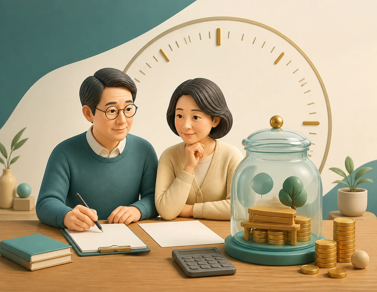 연금계좌 수령 계획을 세우는 부부와 연금 저금통, 달력 일러스트
