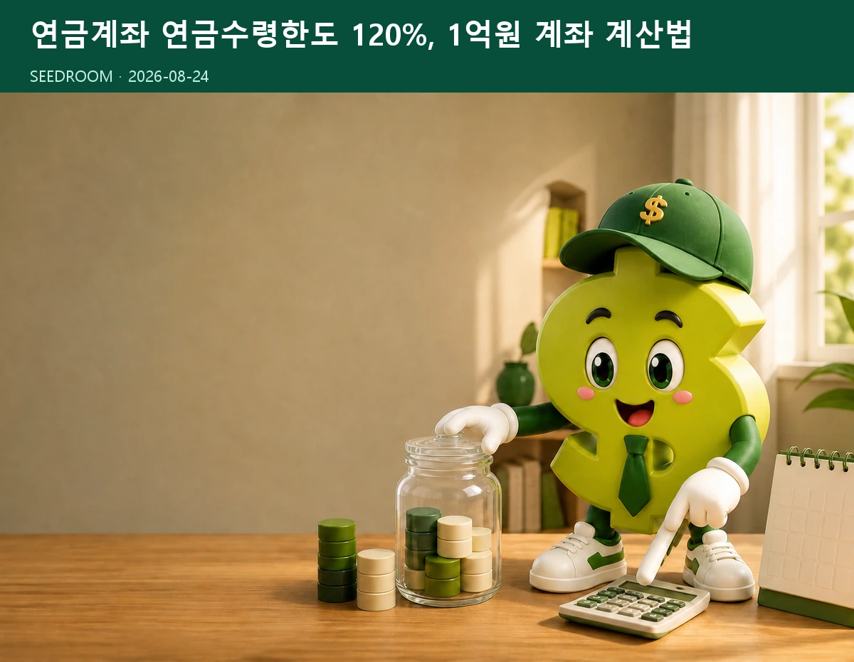 달러 모양 SEEDROOM 캐릭터가 연금수령한도와 1억원 계좌를 계산하는 장면