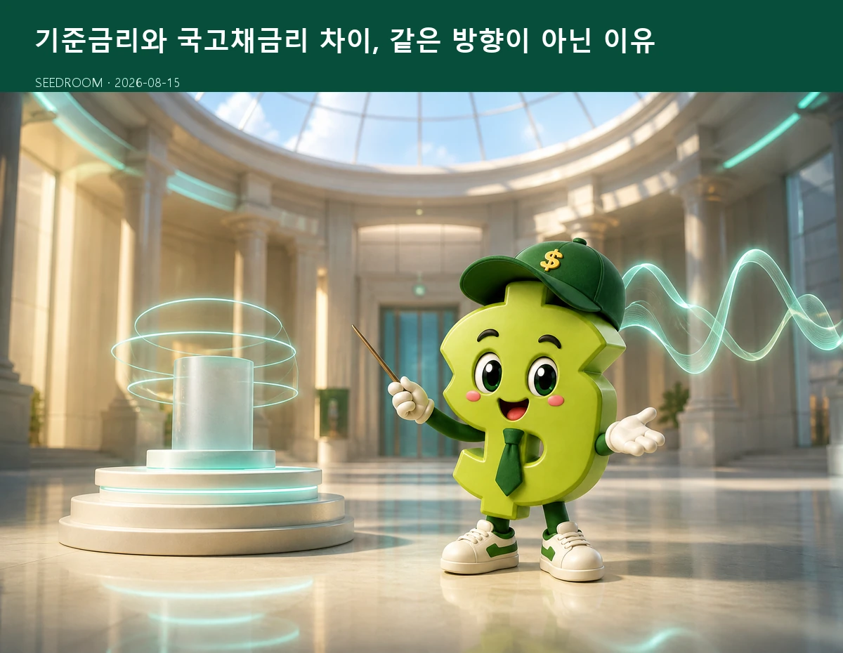 기준금리와 국고채금리 차이를 설명하는 SEEDROOM 달러 캐릭터