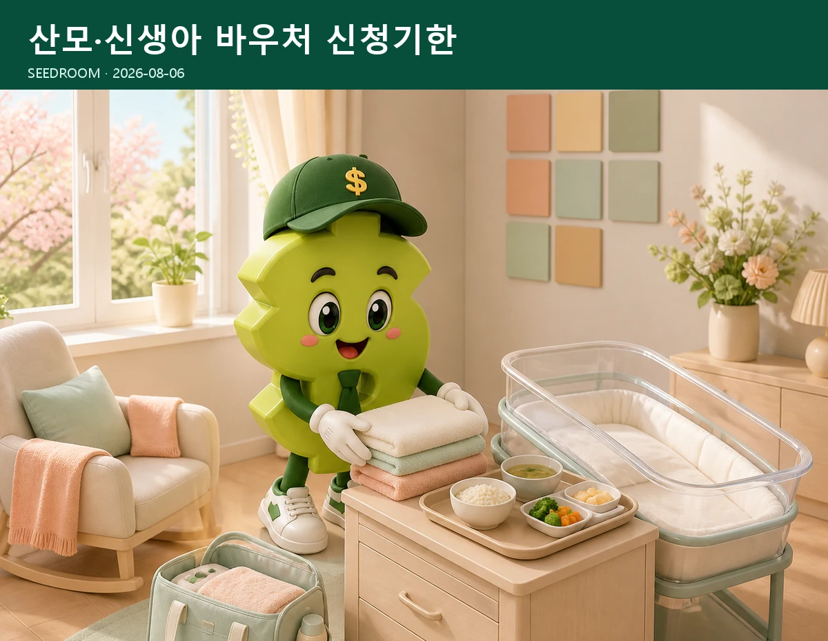 산모 신생아 건강관리 준비물을 챙기는 SEEDROOM 달러 캐릭터