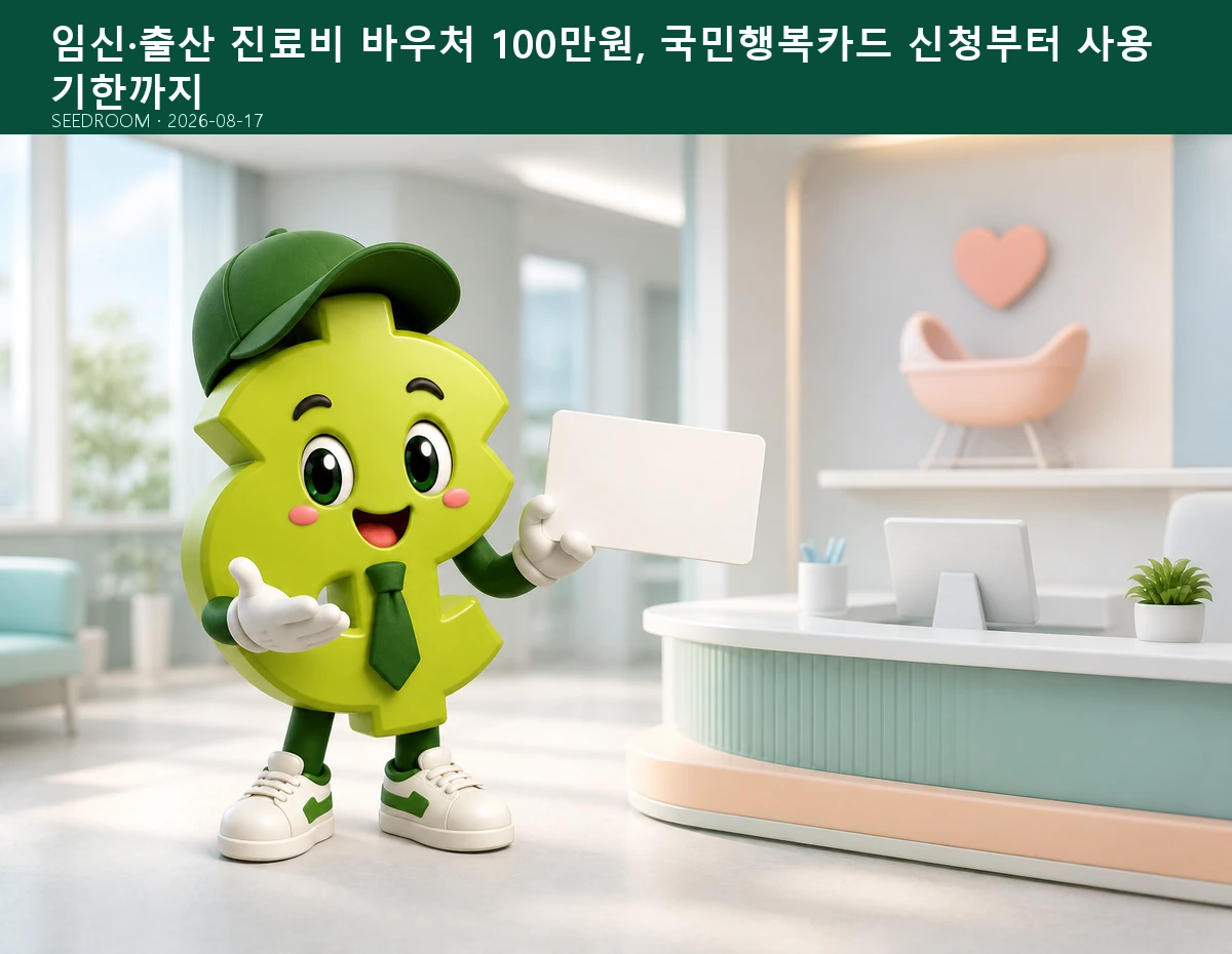 임신·출산 진료비 바우처 카드를 안내하는 SEEDROOM 달러 캐릭터