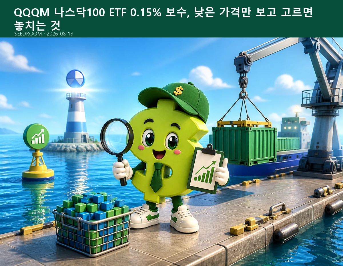 QQQM ETF 구조를 설명하는 SEEDROOM 달러 캐릭터