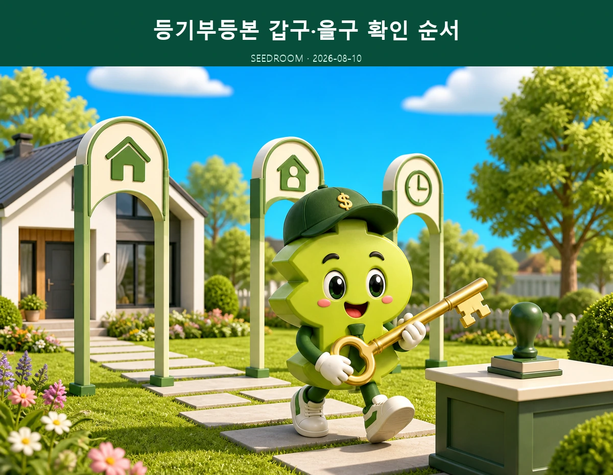 등기부등본 갑구와 을구를 확인하는 SEEDROOM 달러 캐릭터