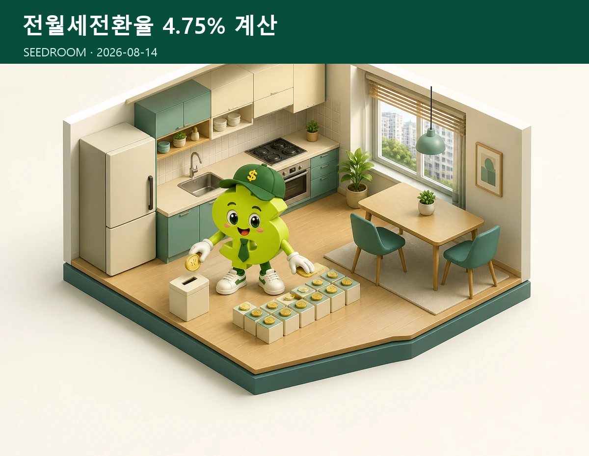 전월세전환율 4.75%를 계산하는 SEEDROOM 달러 캐릭터