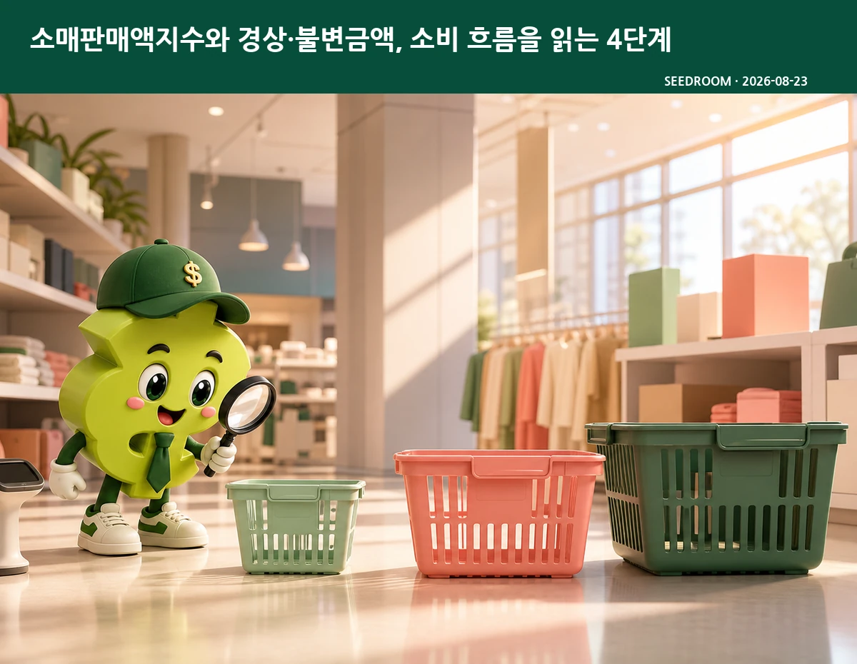 매장 바구니와 판매 흐름을 살펴보는 SEEDROOM 달러 캐릭터