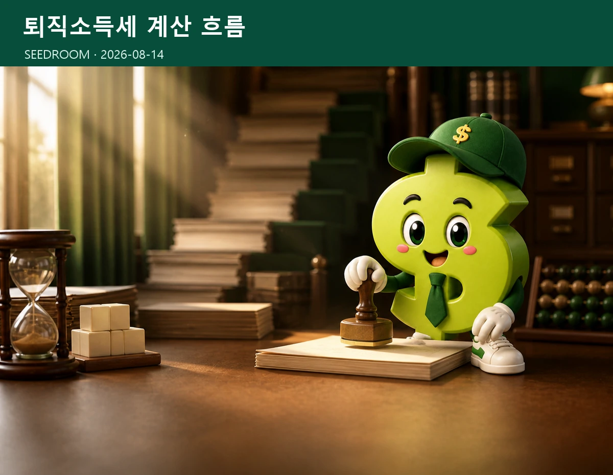 퇴직소득세 계산 순서를 확인하는 SEEDROOM 달러 캐릭터