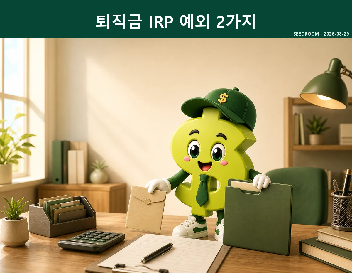 퇴직금 300만원 이하와 55세 이후 IRP 이전 예외를 확인하는 SEEDROOM 달러 캐릭터