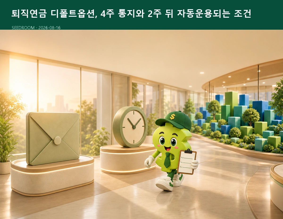 퇴직연금 디폴트옵션 운용 절차를 안내하는 SEEDROOM 달러 캐릭터
