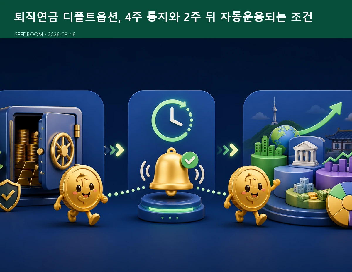 퇴직연금 디폴트옵션 운용 절차를 안내하는 SEEDROOM 달러 캐릭터