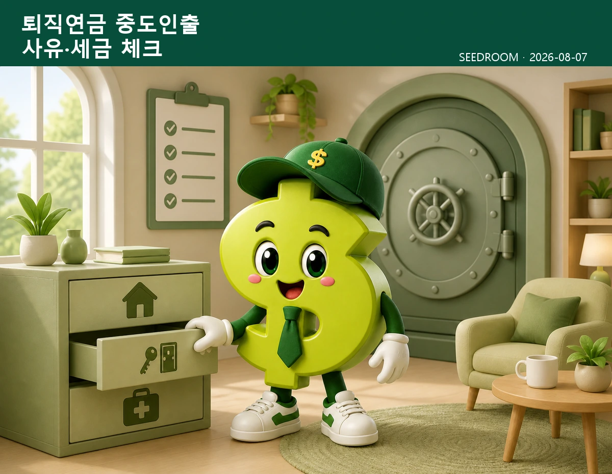 퇴직연금 중도인출 사유와 세금을 확인하는 SEEDROOM 달러 캐릭터