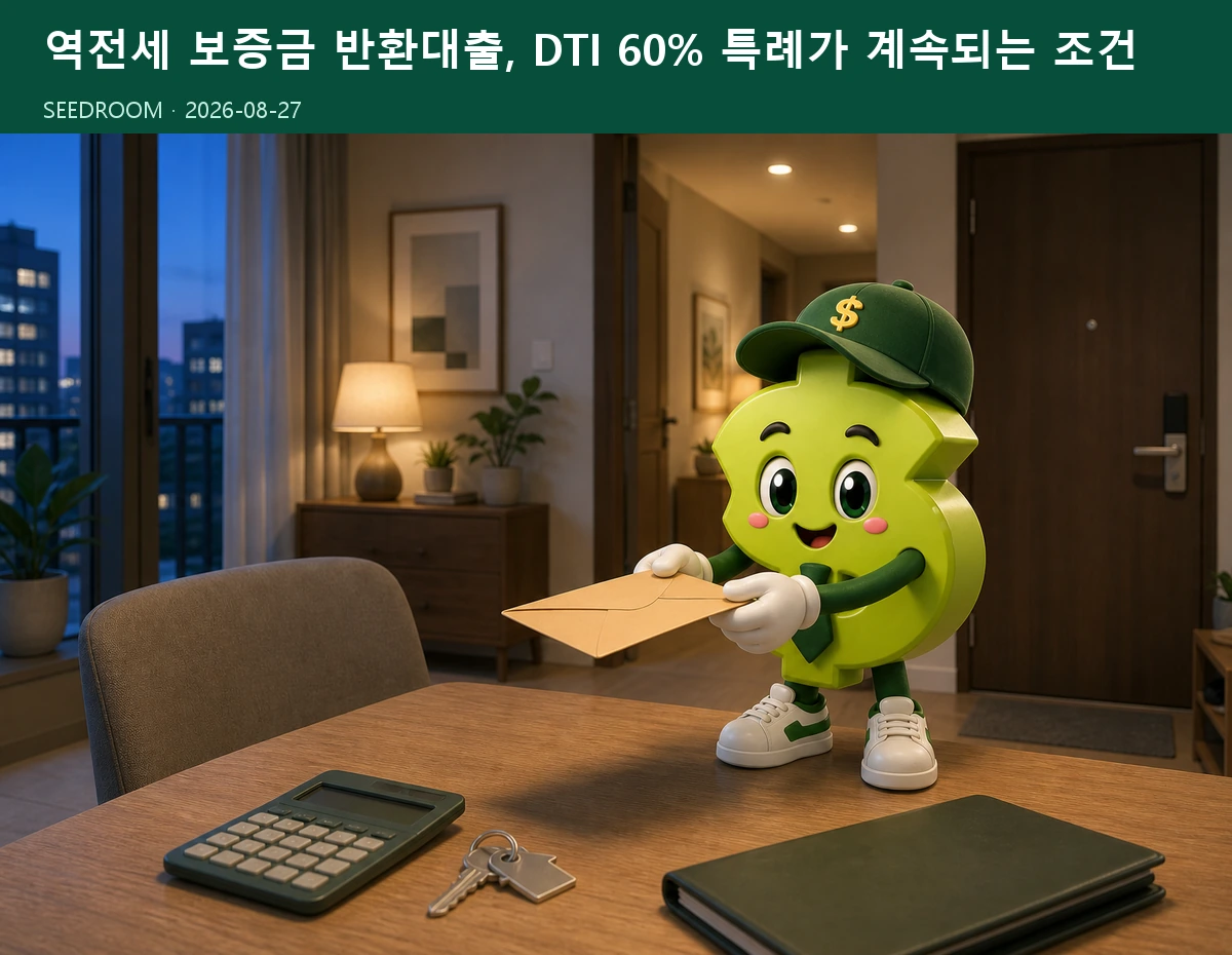 아파트에서 전세보증금 반환 봉투와 계약서를 확인하는 SEEDROOM 달러 캐릭터