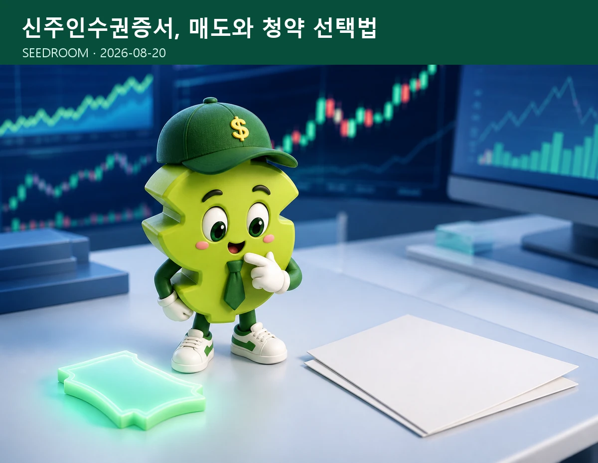 증권 화면 앞에서 신주인수권 매도와 청약을 비교하는 SEEDROOM 달러 캐릭터
