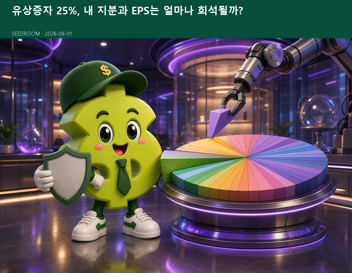 유상증자로 지분 조각이 작아지는 모습을 확인하는 시드룸 캐릭터