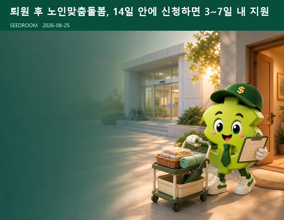 달러 모양 SEEDROOM 캐릭터가 퇴원 후 노인맞춤돌봄 영양·가사·동행지원 준비를 확인하는 장면