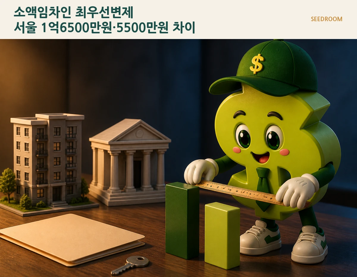 아파트 모형과 보증금 한도를 자로 비교하는 SEEDROOM 달러 캐릭터