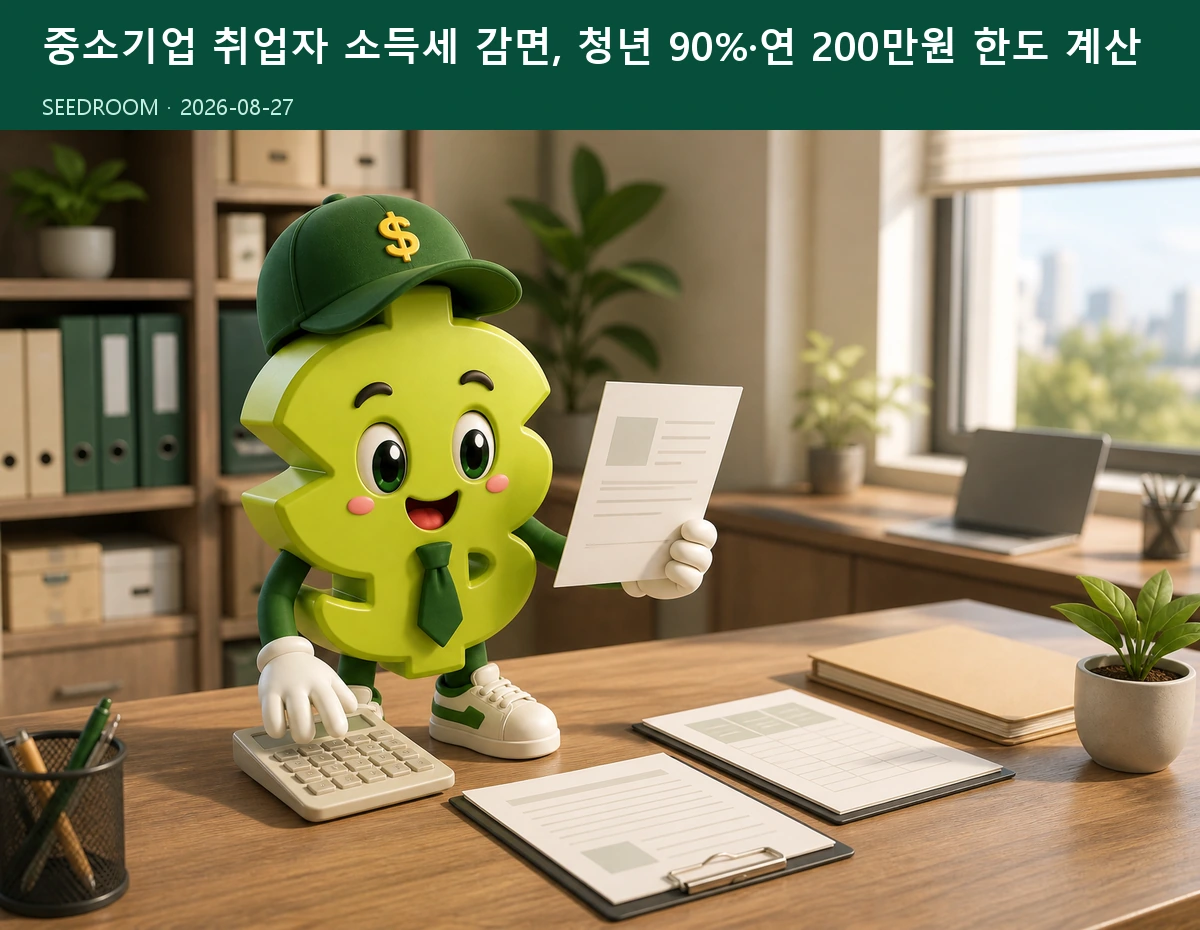 중소기업 근로계약서와 소득세 감면 계산을 확인하는 SEEDROOM 달러 캐릭터