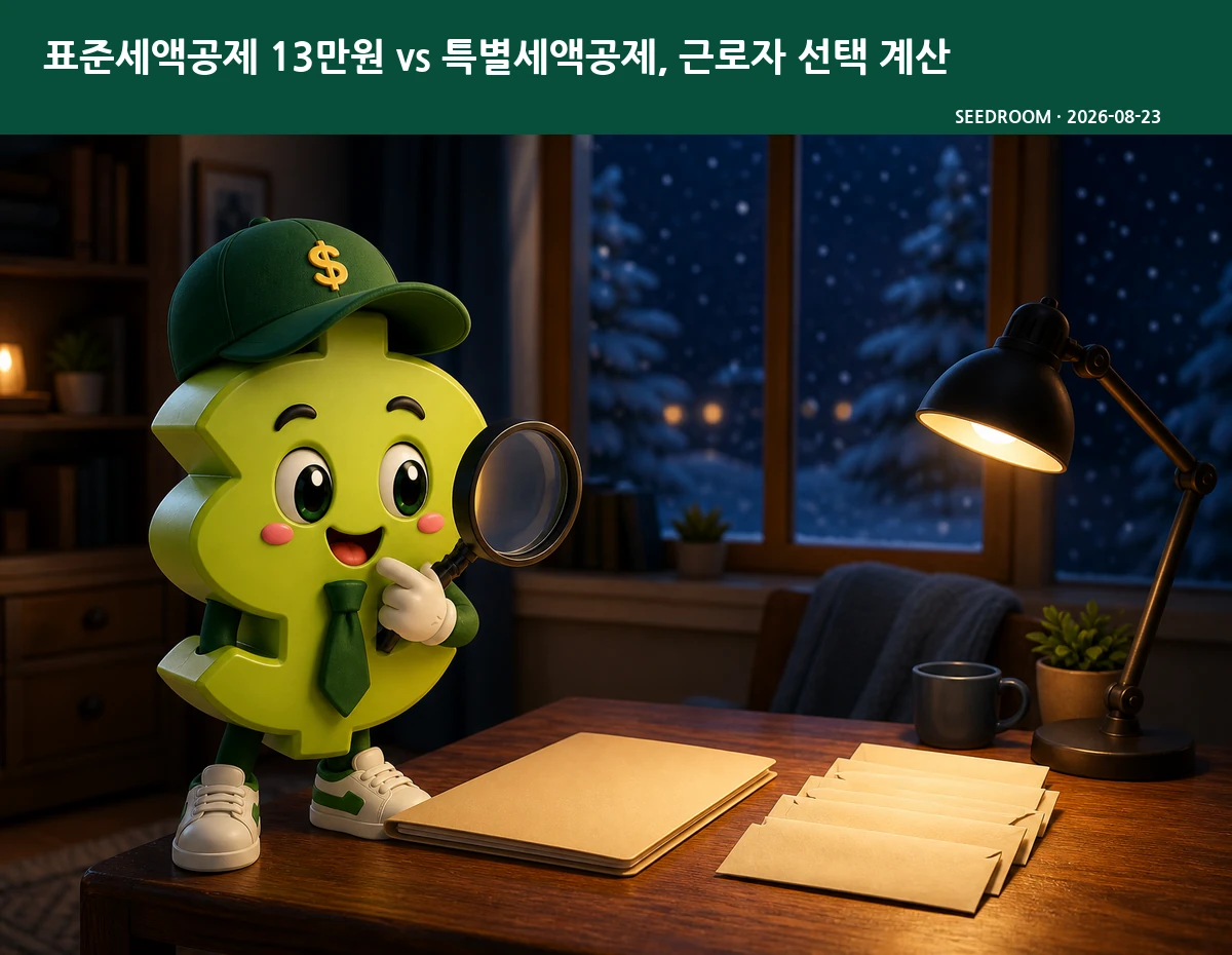 표준공제와 영수증 묶음을 비교하는 SEEDROOM 달러 캐릭터