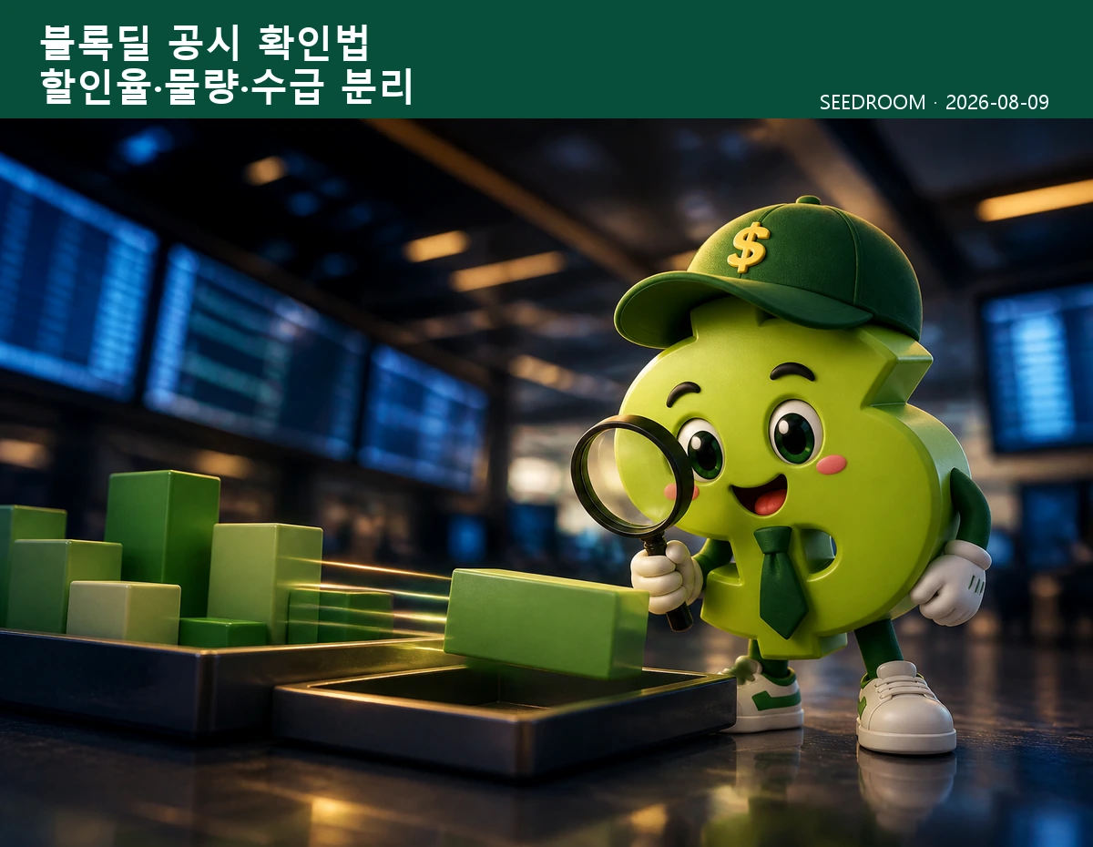 블록딜 물량과 할인율을 살피는 SEEDROOM 달러 캐릭터
