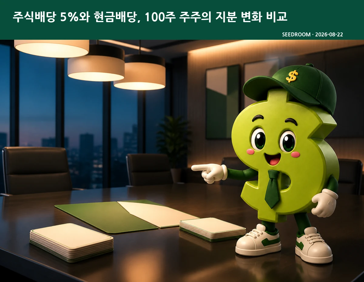 주식배당과 현금배당 자료를 비교하는 SEEDROOM 달러 캐릭터