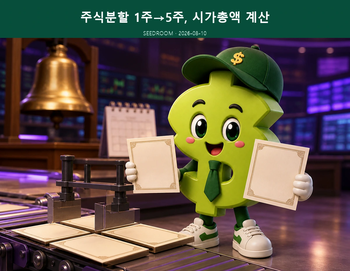 주식분할 뒤 주식 수와 가격을 확인하는 SEEDROOM 달러 캐릭터