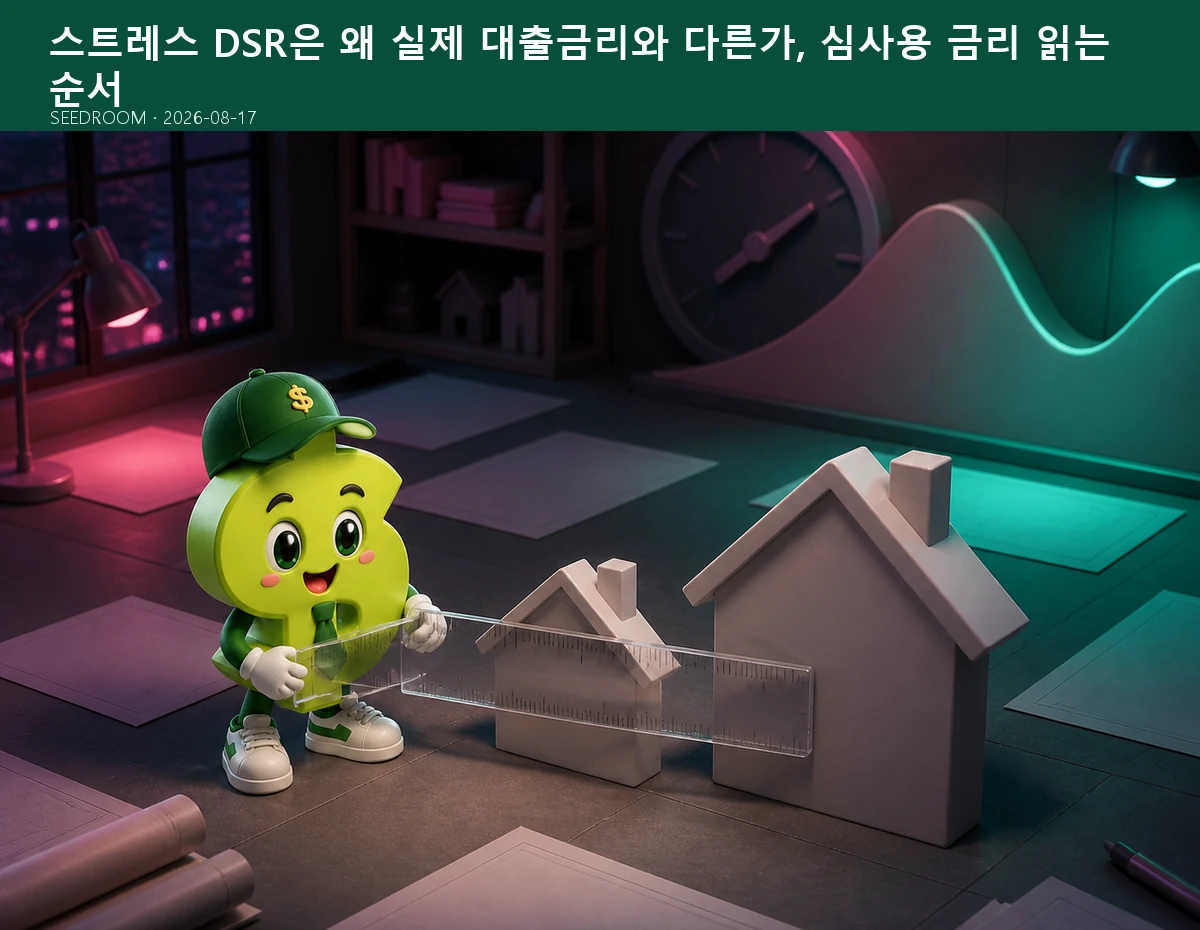 주택과 압력게이지로 스트레스 DSR을 계산하는 SEEDROOM 달러 캐릭터