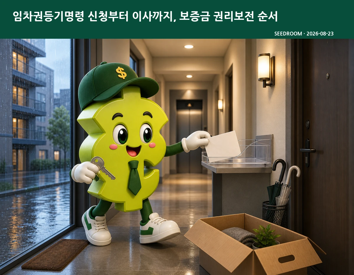 이사 상자 옆에서 임차권등기 서류를 접수하는 SEEDROOM 달러 캐릭터