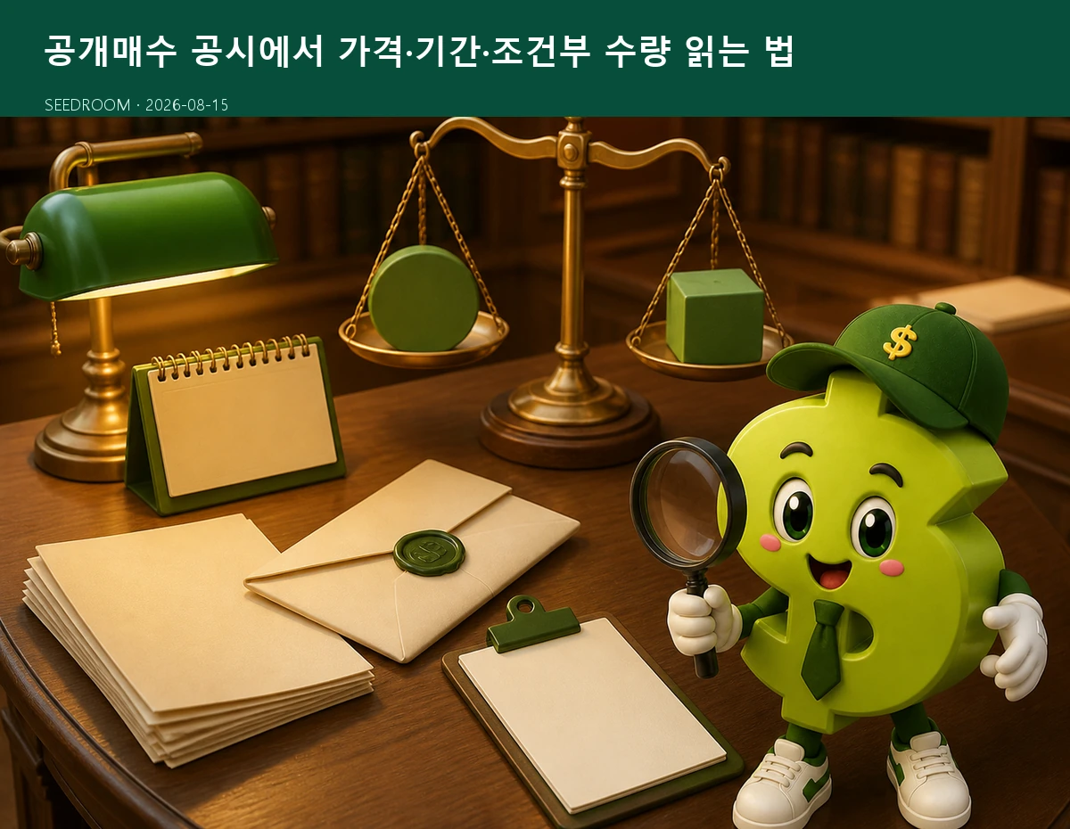 공개매수 공시를 확인하는 SEEDROOM 달러 캐릭터