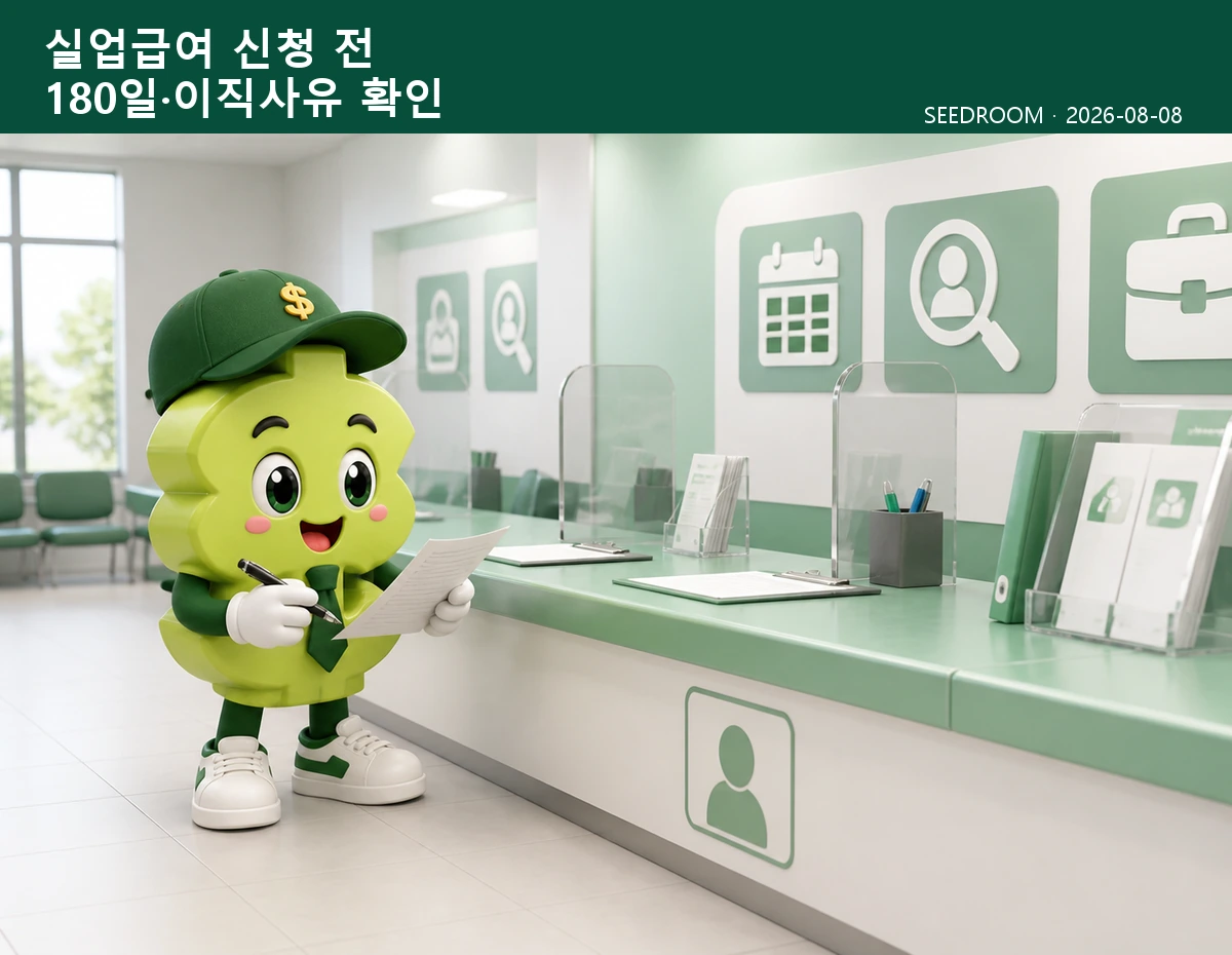 실업급여 신청 조건과 서류를 확인하는 SEEDROOM 달러 캐릭터