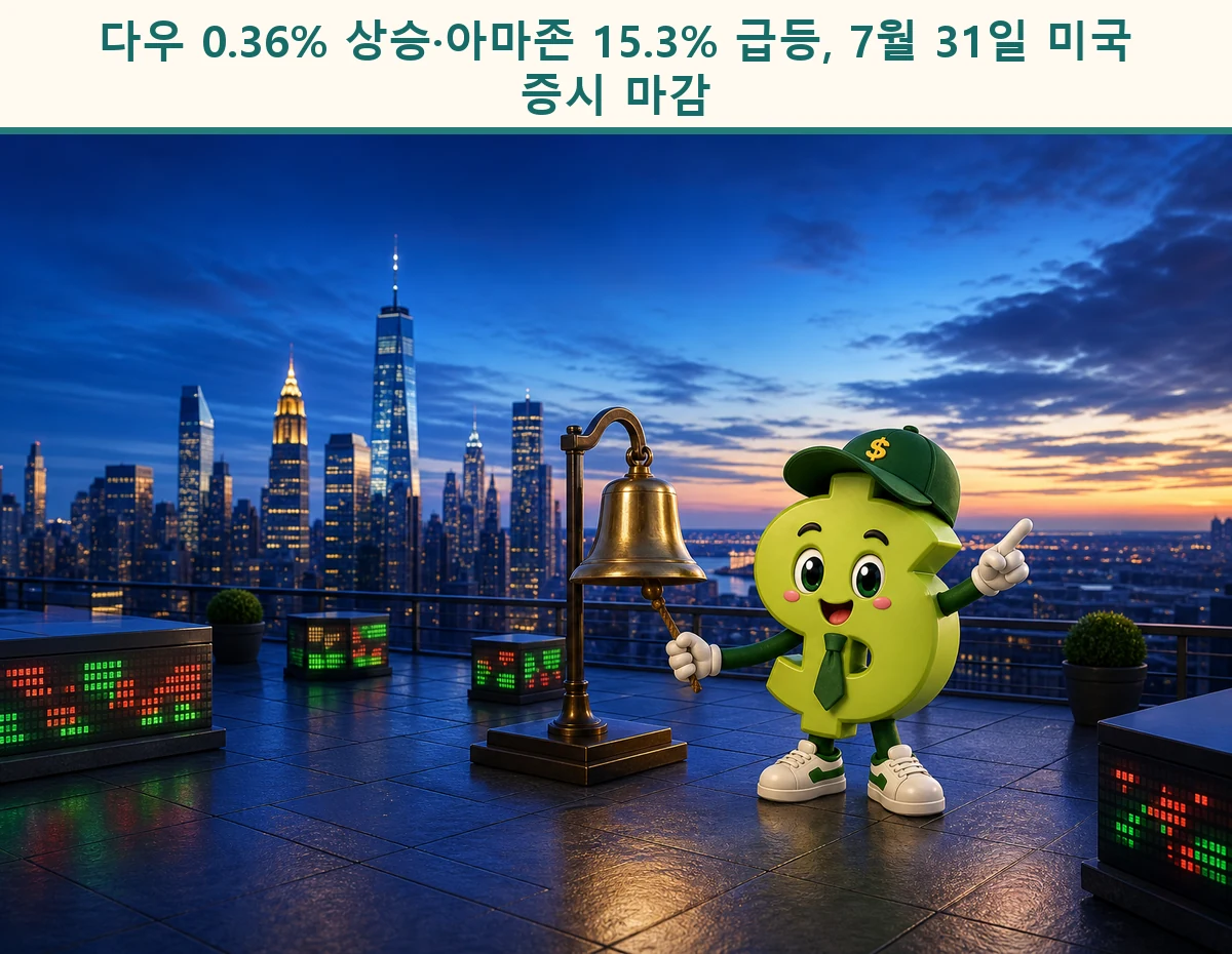 미국 증시 마감 종을 울리며 엇갈린 시장을 바라보는 시드룸 달러 캐릭터