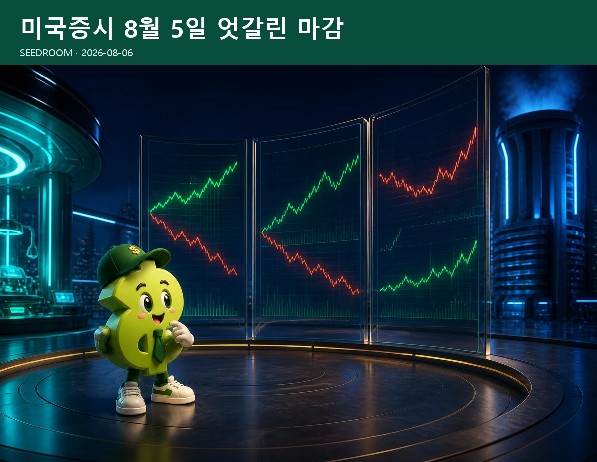8월 5일 미국증시 엇갈린 마감을 살피는 SEEDROOM 달러 캐릭터