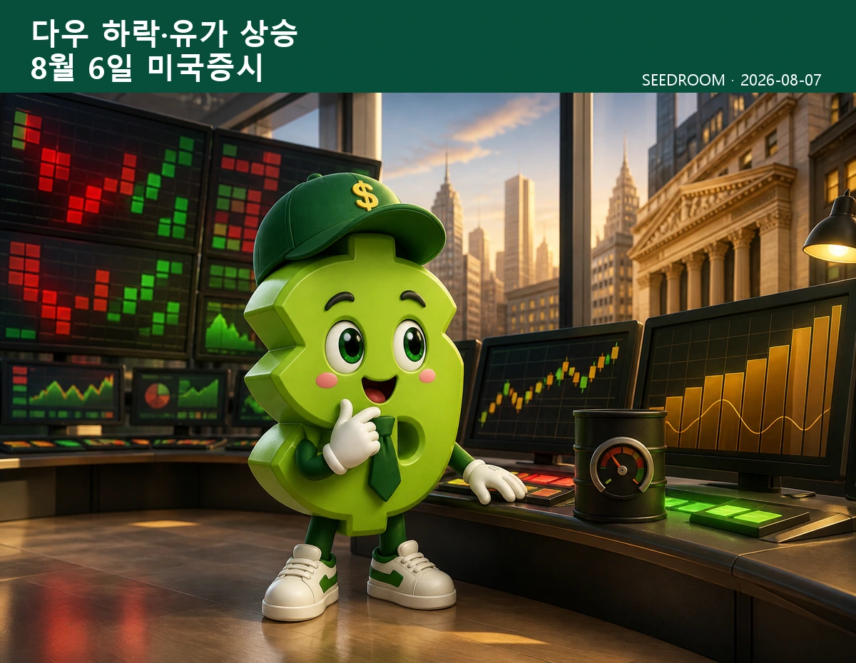 8월 6일 미국증시와 유가 금리를 살피는 SEEDROOM 달러 캐릭터