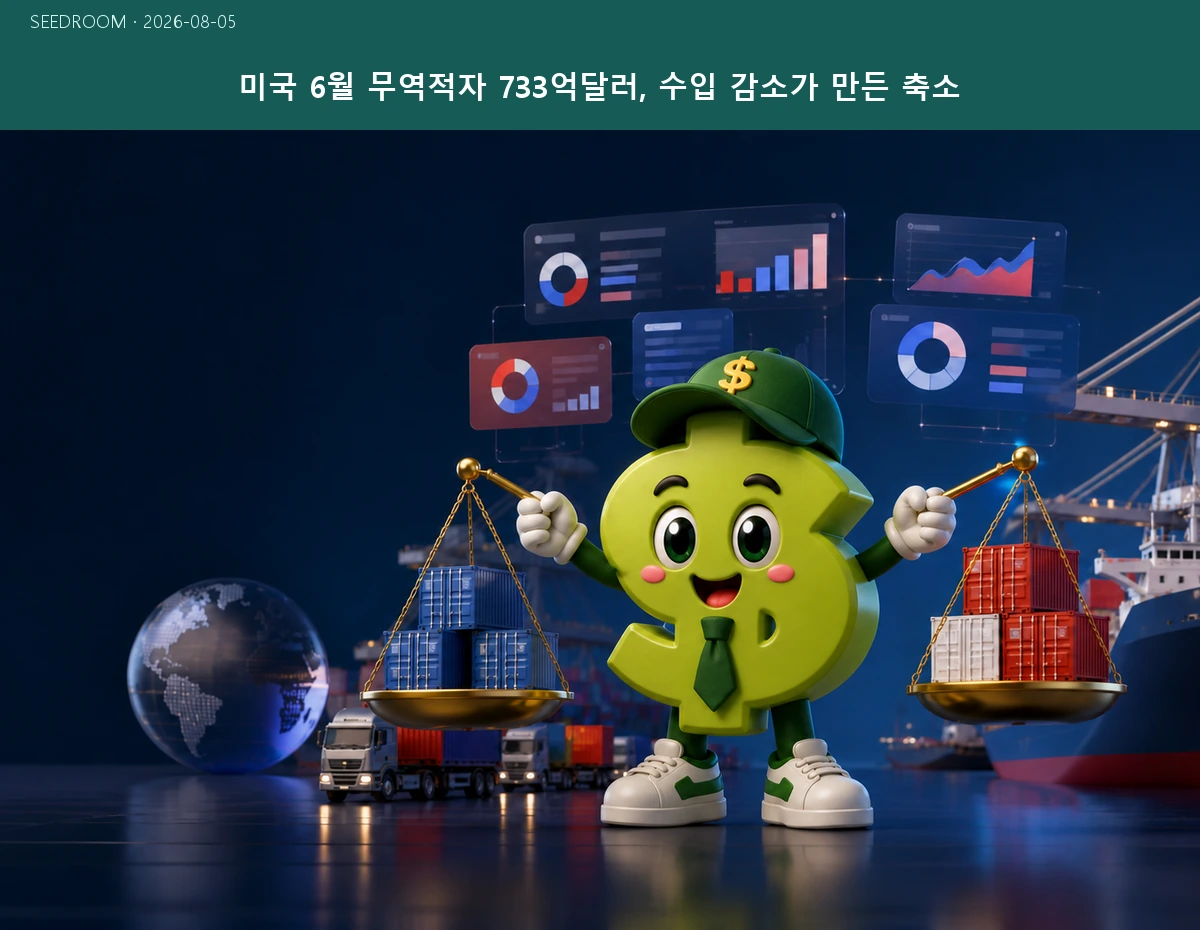 미국 6월 무역적자 733억달러를 항만과 저울로 표현한 대표 이미지