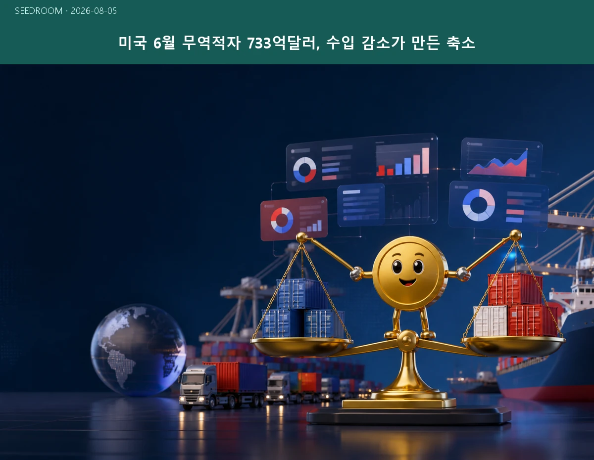 미국 6월 무역적자 733억달러를 항만과 저울로 표현한 대표 이미지