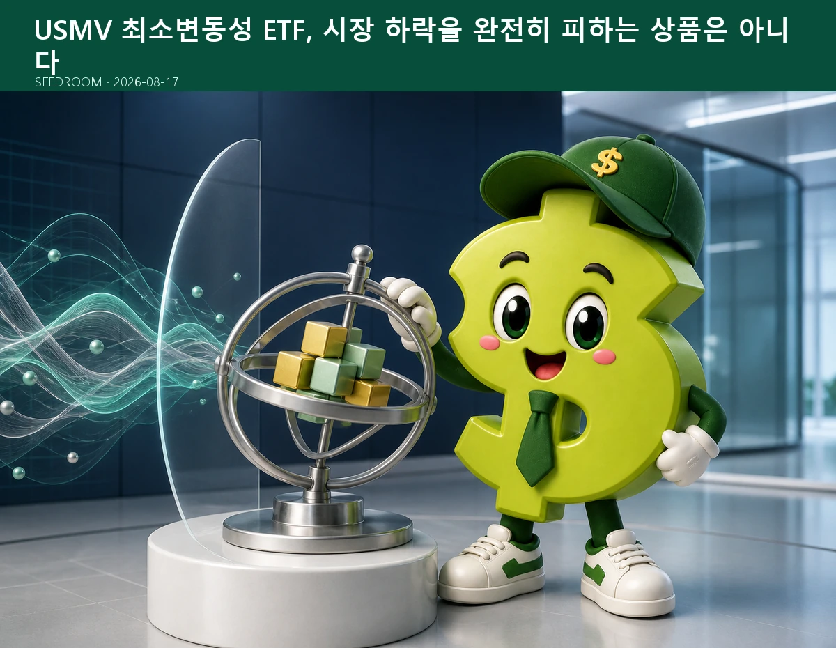 USMV 최소변동성 ETF의 위험 완화 구조를 설명하는 SEEDROOM 달러 캐릭터