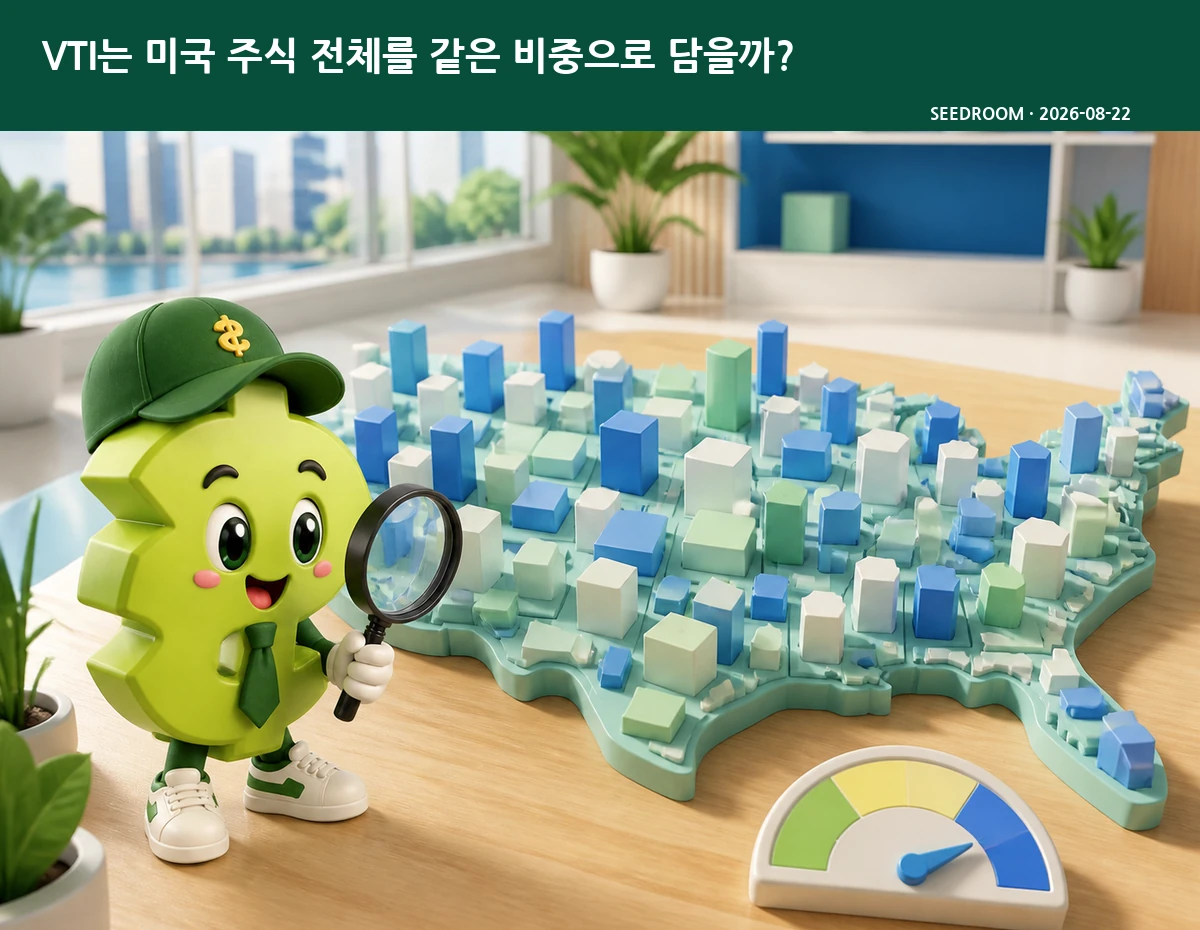 미국 전체시장 블록을 살펴보는 SEEDROOM 달러 캐릭터