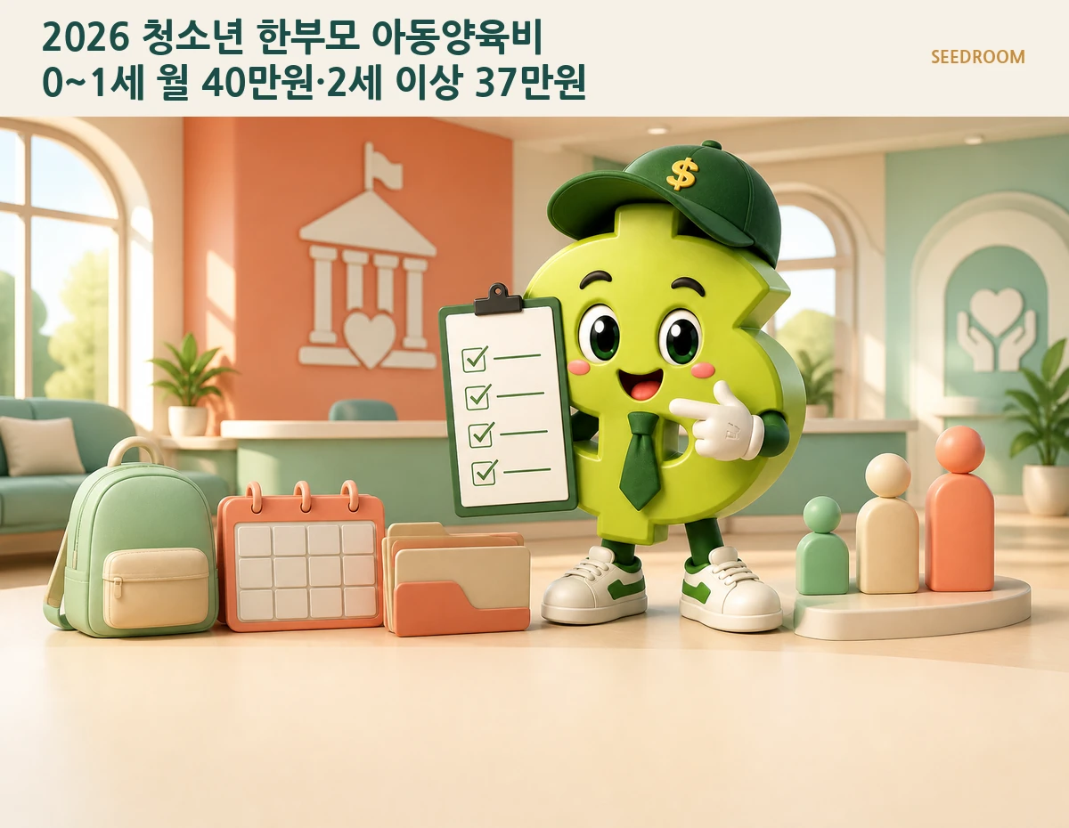 청소년 한부모 지원 신청 체크리스트를 보여주는 SEEDROOM 달러 캐릭터