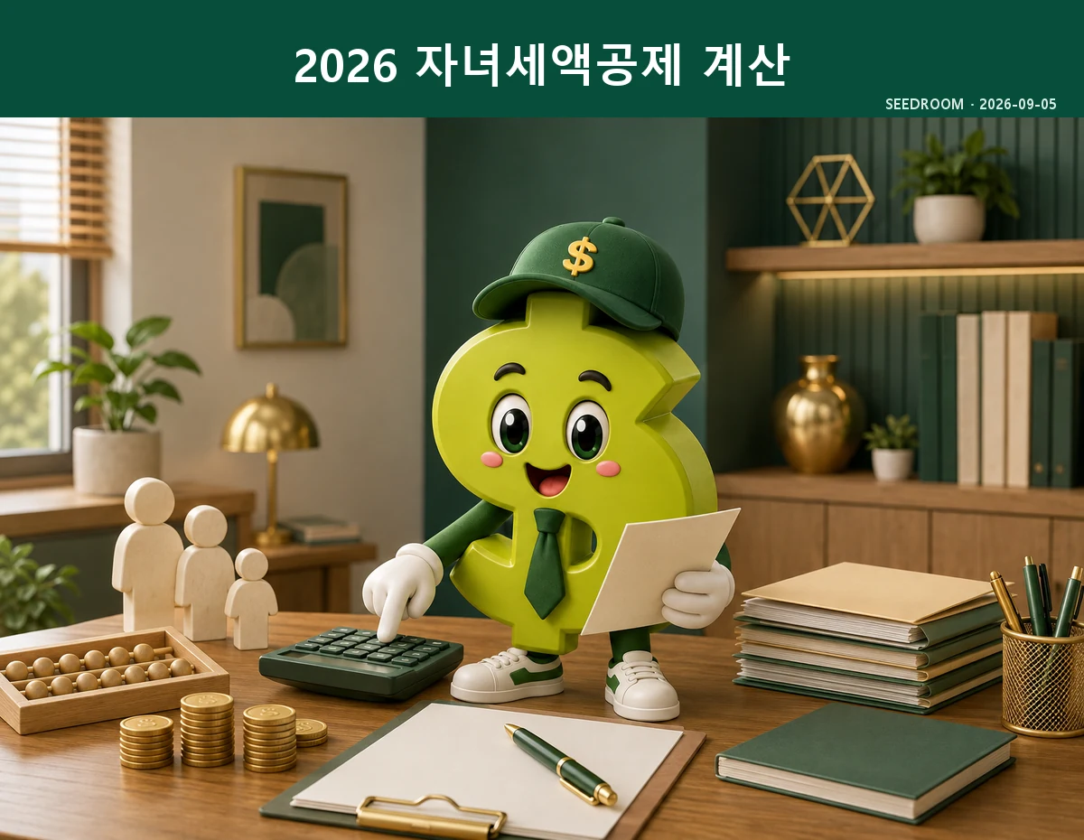 2026 자녀세액공제 대상 나이와 인원별 금액을 계산하는 SEEDROOM 달러 캐릭터