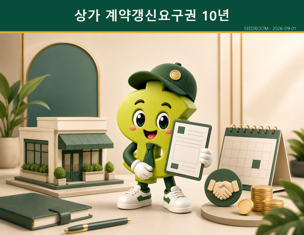 상가 임대차 계약서와 갱신 달력을 확인하는 SEEDROOM 캐릭터