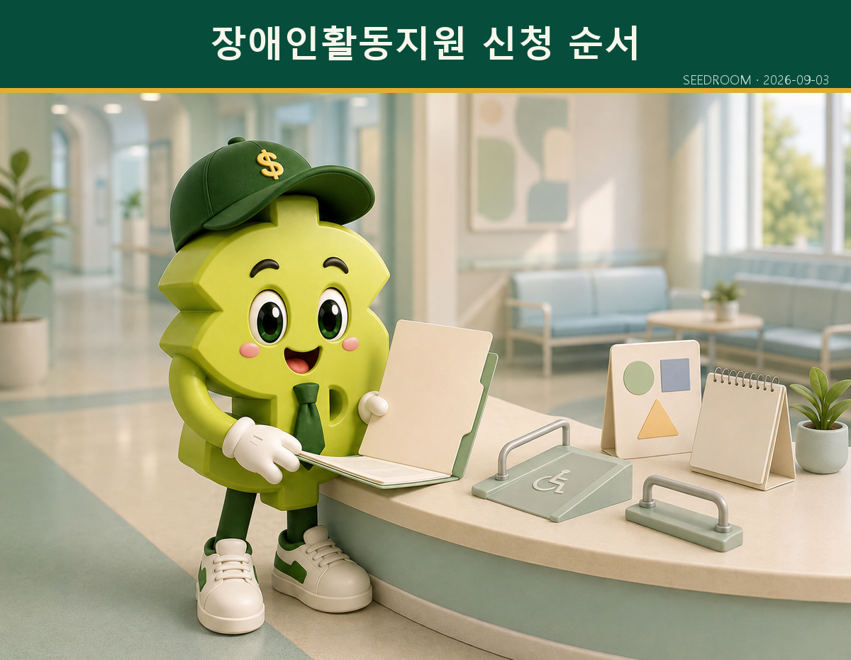 장애인활동지원 신청서와 지원 절차를 확인하는 SEEDROOM 캐릭터