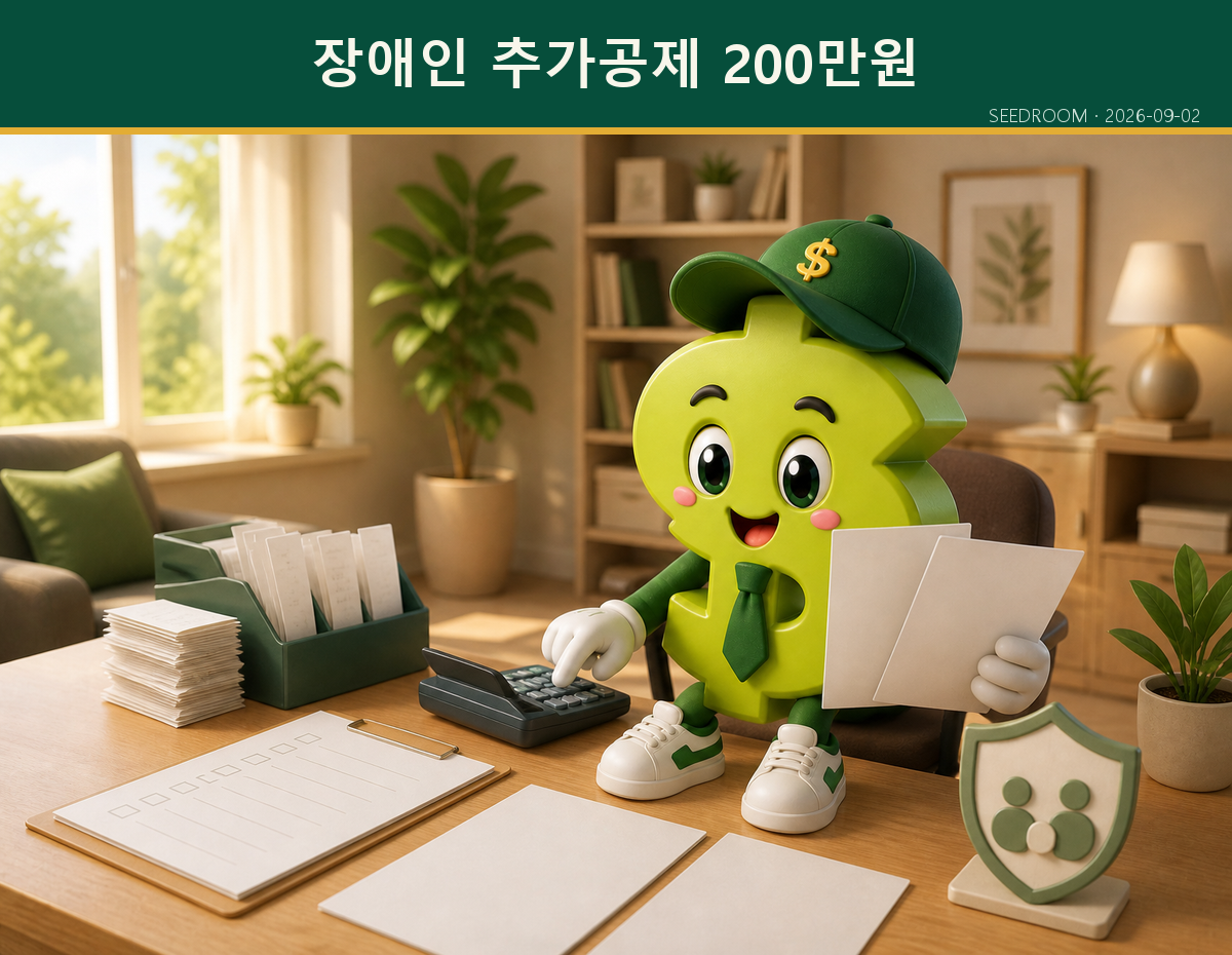 장애인 추가공제 서류와 계산기를 확인하는 SEEDROOM 캐릭터