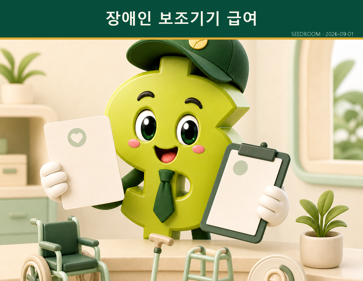 장애인 보조기기와 건강보험 신청 서류를 확인하는 SEEDROOM 캐릭터