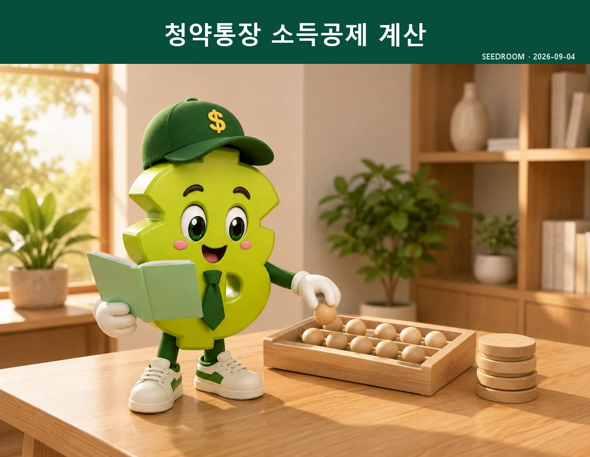 2026 청약통장 소득공제 한도와 계산법을 설명하는 SEEDROOM 달러 캐릭터