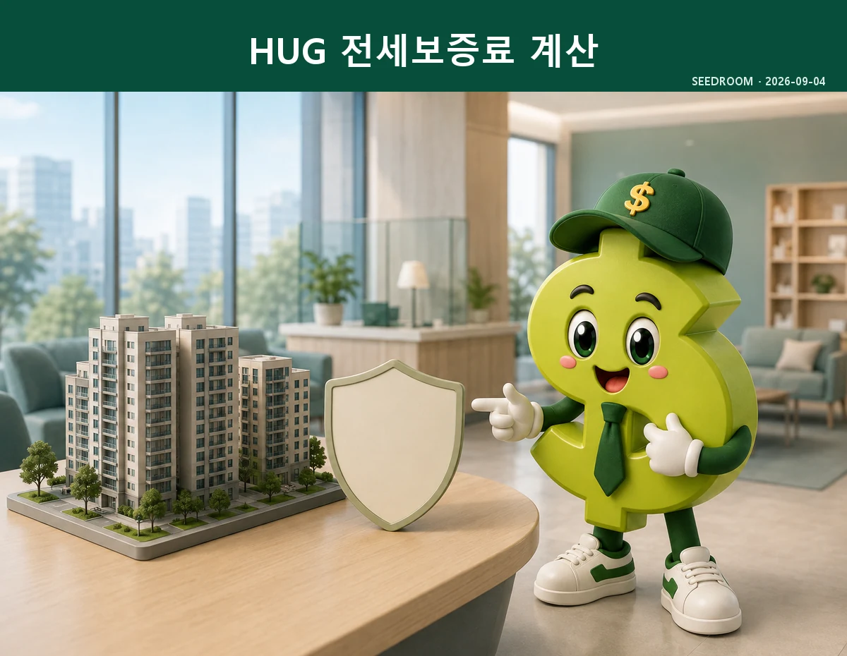 HUG 전세보증금반환보증 보증료율과 부채비율을 설명하는 SEEDROOM 달러 캐릭터