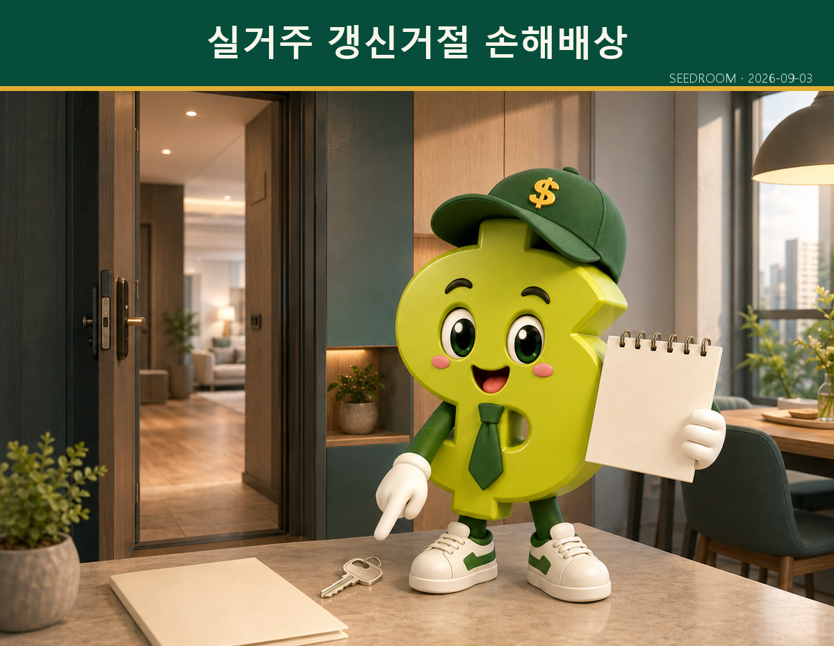 임대차 갱신 달력과 집 열쇠를 확인하는 SEEDROOM 캐릭터
