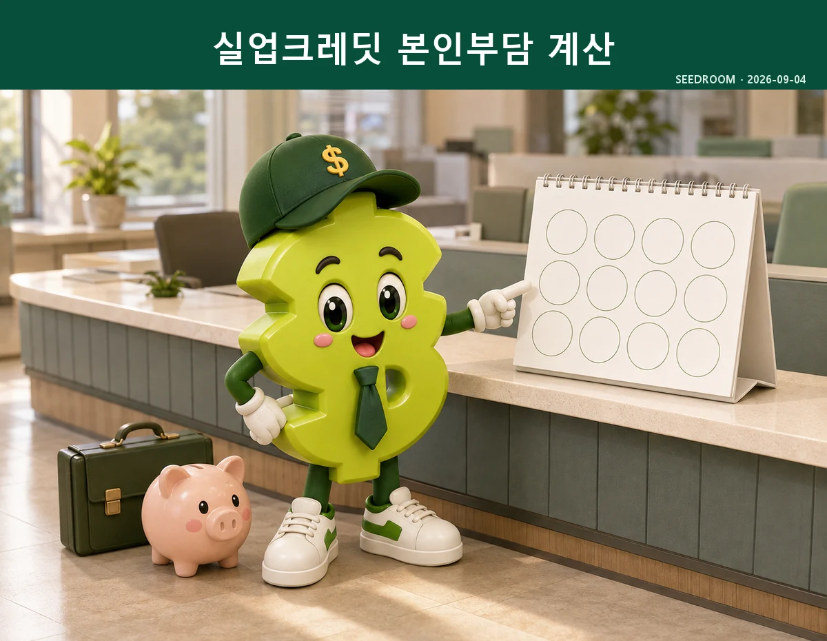 2026 국민연금 실업크레딧 본인부담과 지원기간을 설명하는 SEEDROOM 달러 캐릭터