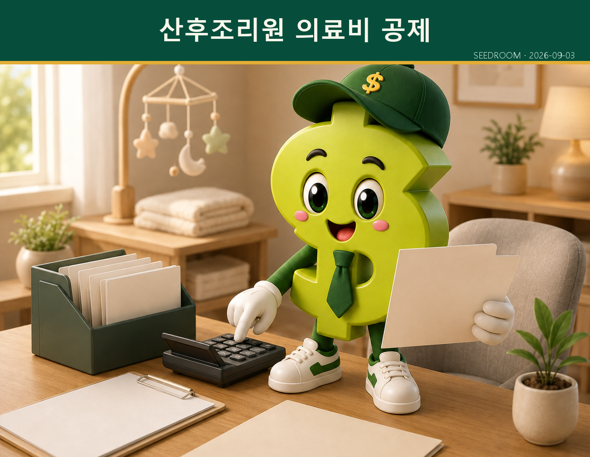 산후조리원 영수증과 의료비 세액공제를 계산하는 SEEDROOM 캐릭터