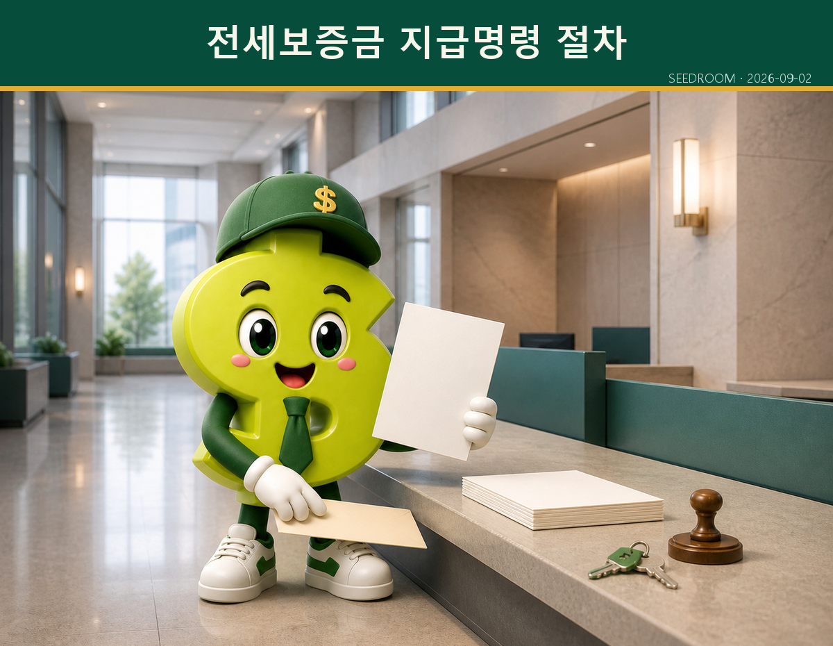전세보증금 지급명령 서류와 집 열쇠를 확인하는 SEEDROOM 캐릭터