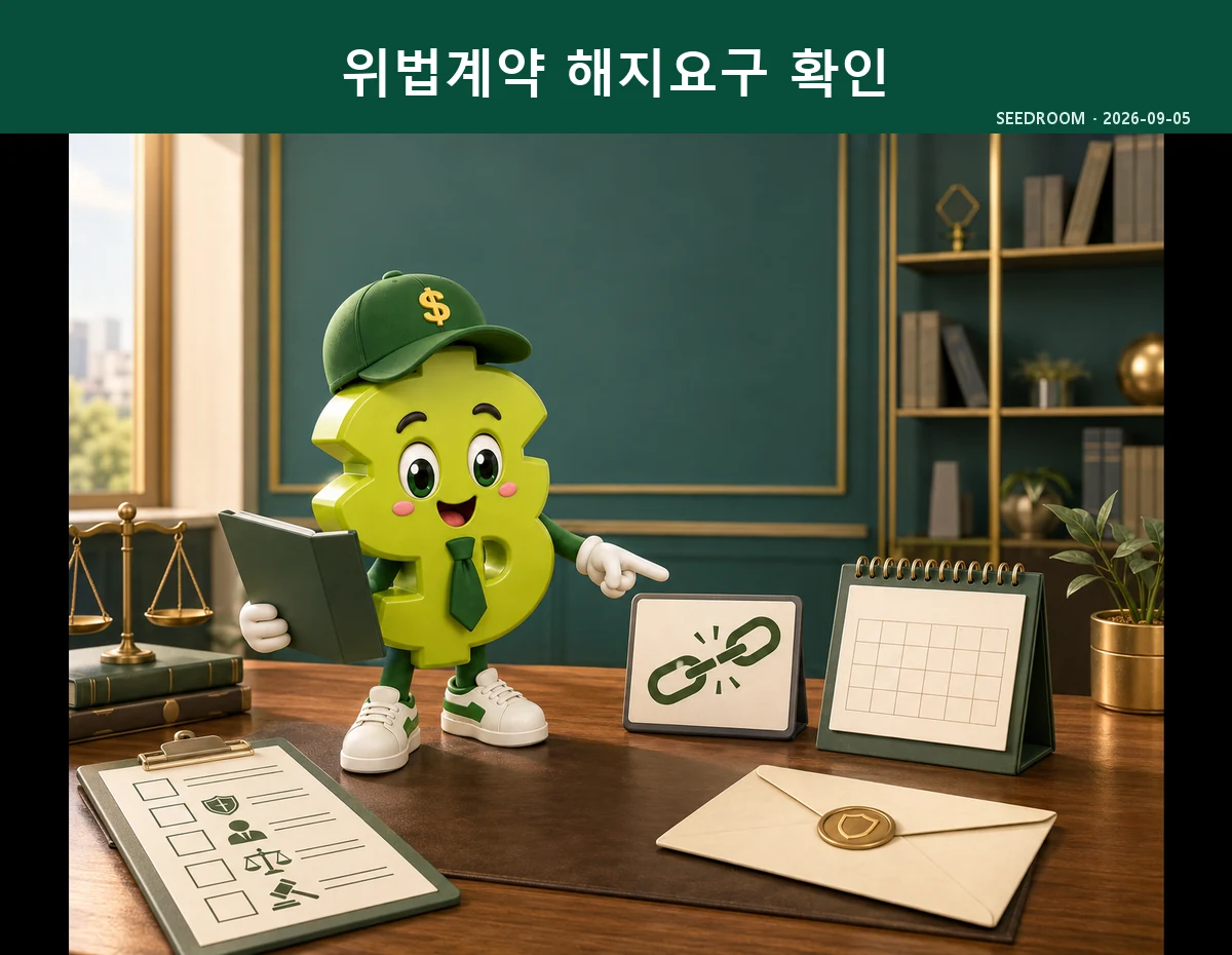 금융상품 위법계약해지권의 기간과 신청 절차를 안내하는 SEEDROOM 달러 캐릭터